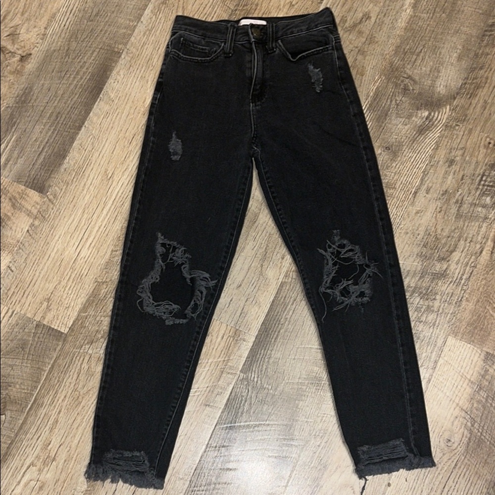 Distressed Black High Rise Mom Jeans